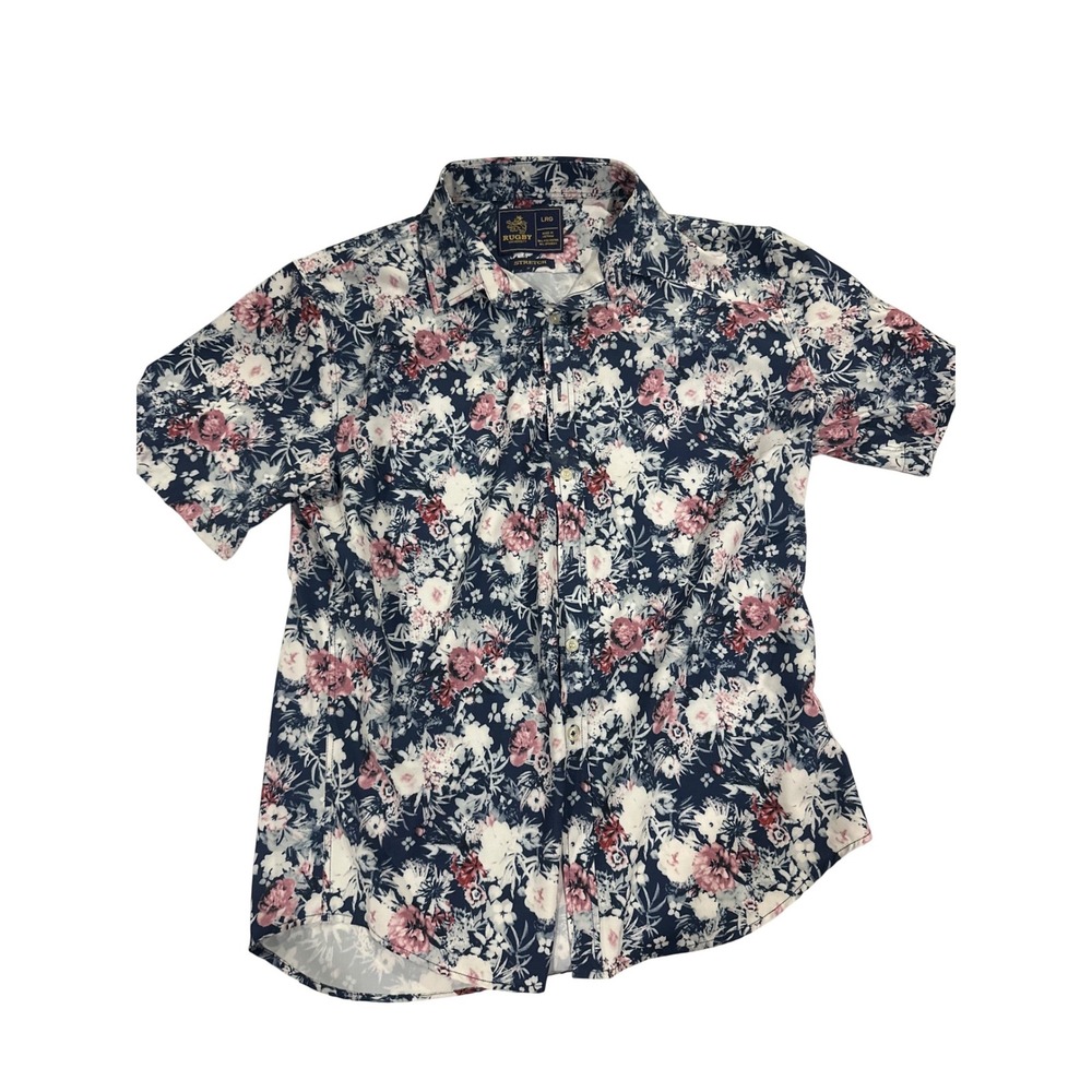 Rugby University Mens Floral Short Sleeve Button Down Shirt Blue Pink Large LRG